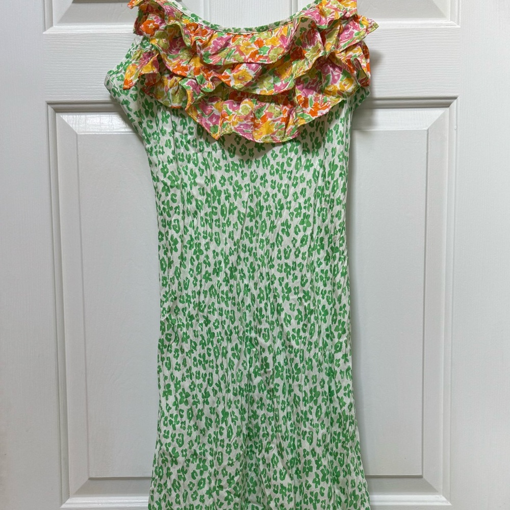 RIXO Green Maxi Dress with green animal print w colorful ruffle Neckline medium